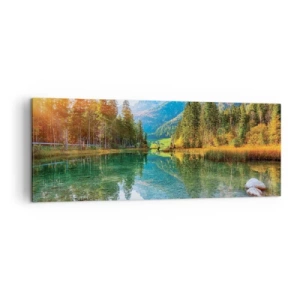 Cuadro sobre lienzo - Impresión de Imagen - Un pintoresco lago rodeado de montañas y bosques. - 140x50cm - La dulzura del otoño - Decoración de pared moderna para salón y dormitorio ARTTOR