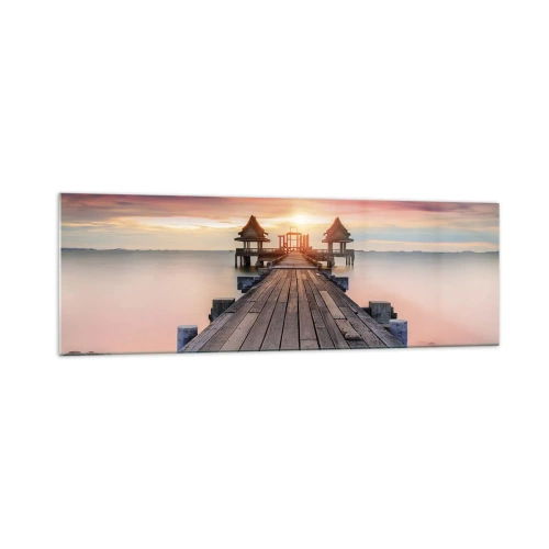 Cuadro sobre vidrio - Impresiones sobre Vidrio - Muelle de madera que conduce a los miradores al atardecer - 160x50cm - De este a oeste - Decoración de pared moderna para salón y dormitorio ARTTOR