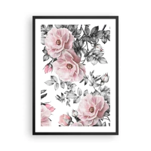 Póster en marco negro - Rosas rosadas sobre un fondo de hojas blancas y negras. - 50x70cm - Entre las rosas - Decoración de pared moderna para salón y dormitorio ARTTOR