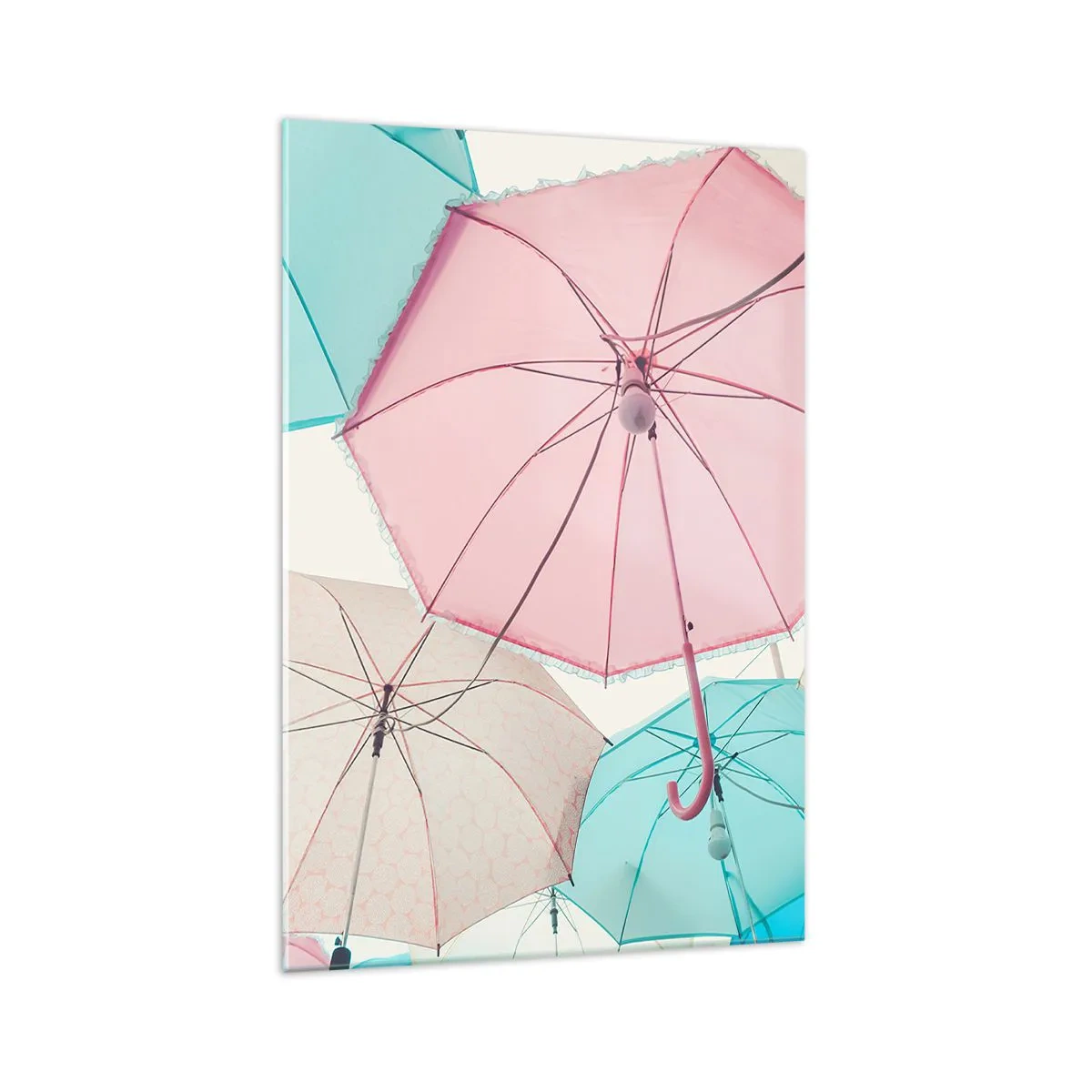 Cuadro sobre vidrio - Impresiones sobre Vidrio - Paraguas pastel contra un cielo brillante - 70x100cm - A veces el sol, a veces la lluvia - Decoración de pared moderna para salón y dormitorio ARTTOR