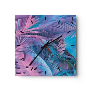 Reloj de pared - Reloj de vidrio - Hojas tropicales en tonos rosa y azul. - 30x30cm - Trópicos en rosa y azul - Decoración de pared moderna para salón y dormitorio ARTTOR