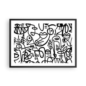 Póster en marco negro - Dibujos abstractos en blanco y negro con motivos faciales. - 70x50cm - Rostros y espejismos - Decoración de pared moderna para salón y dormitorio ARTTOR