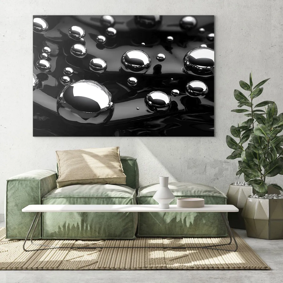 Cuadro sobre vidrio - Impresiones sobre Vidrio - Gotas metálicas sobre una superficie negra - 120x80cm - De las negras profundidades - Decoración de pared moderna para salón y dormitorio ARTTOR