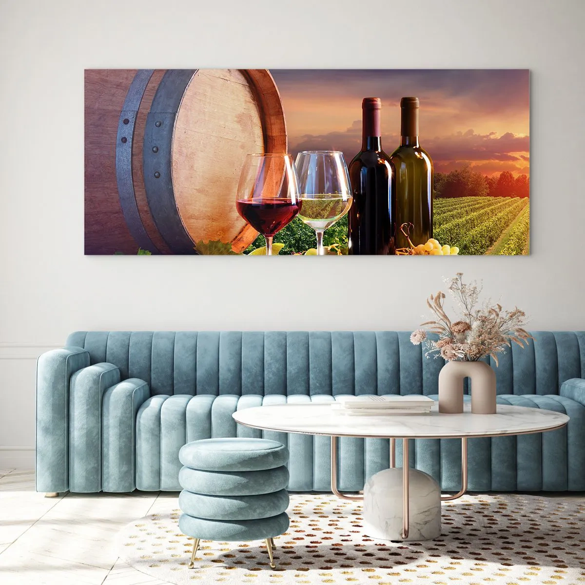 Cuadro sobre vidrio - Impresiones sobre Vidrio - Vino, copas y un barril en un paisaje pintoresco. - 160x50cm - Aquí la vida tiene un sabor - Decoración de pared moderna para salón y dormitorio ARTTOR