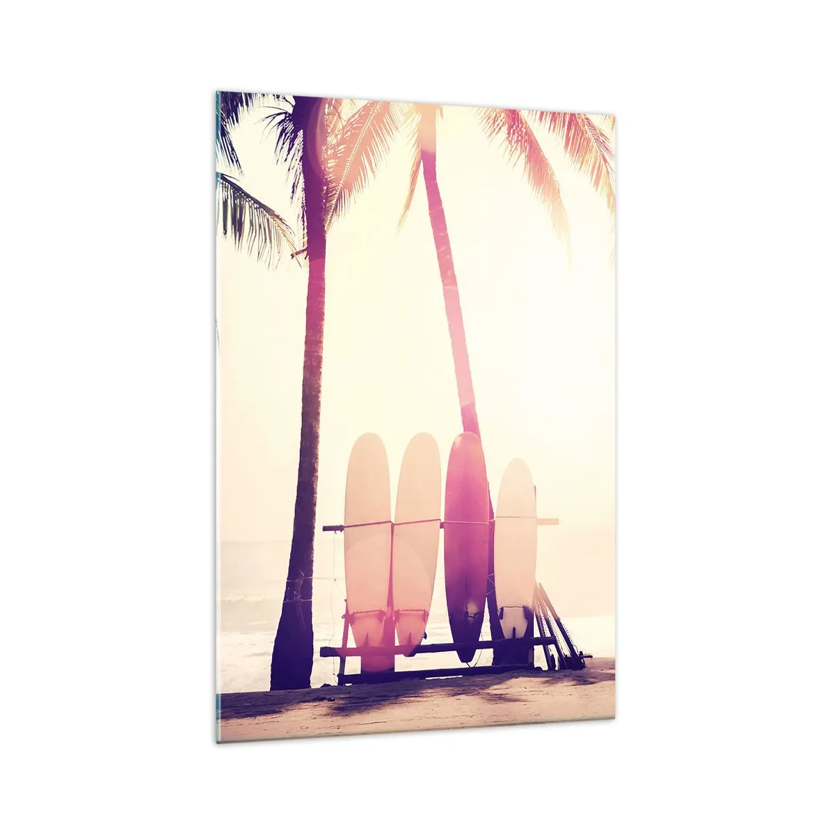 Cuadro sobre vidrio - Impresiones sobre Vidrio - Palmeras y tablas de surf en la playa bajo el sol. - 70x100cm - Va a ser un gran día - Decoración de pared moderna para salón y dormitorio ARTTOR