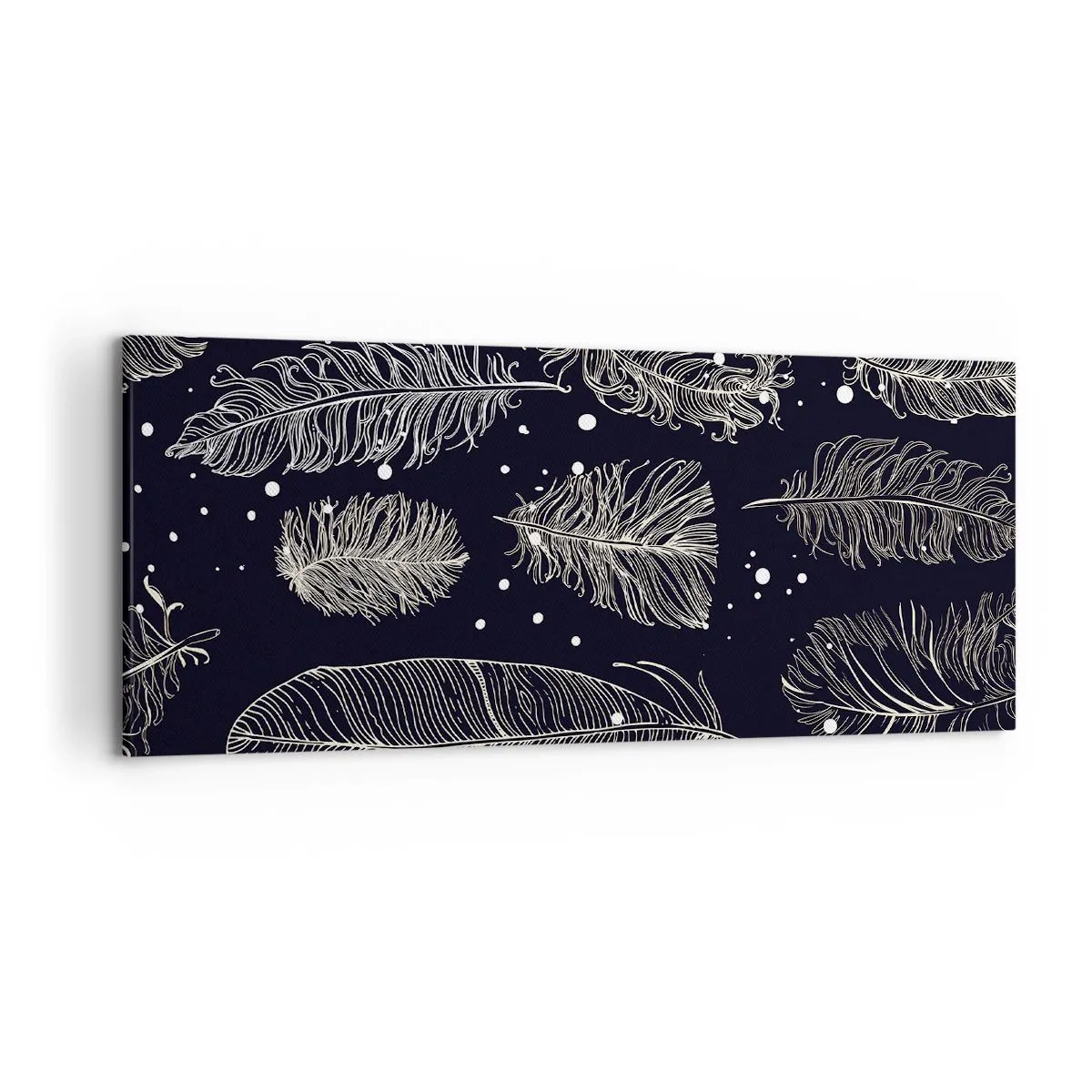 Cuadro sobre lienzo - Impresión de Imagen - Delicadas plumas blancas sobre un fondo azul marino. - 120x50cm - Encaje de plumas - Decoración de pared moderna para salón y dormitorio ARTTOR