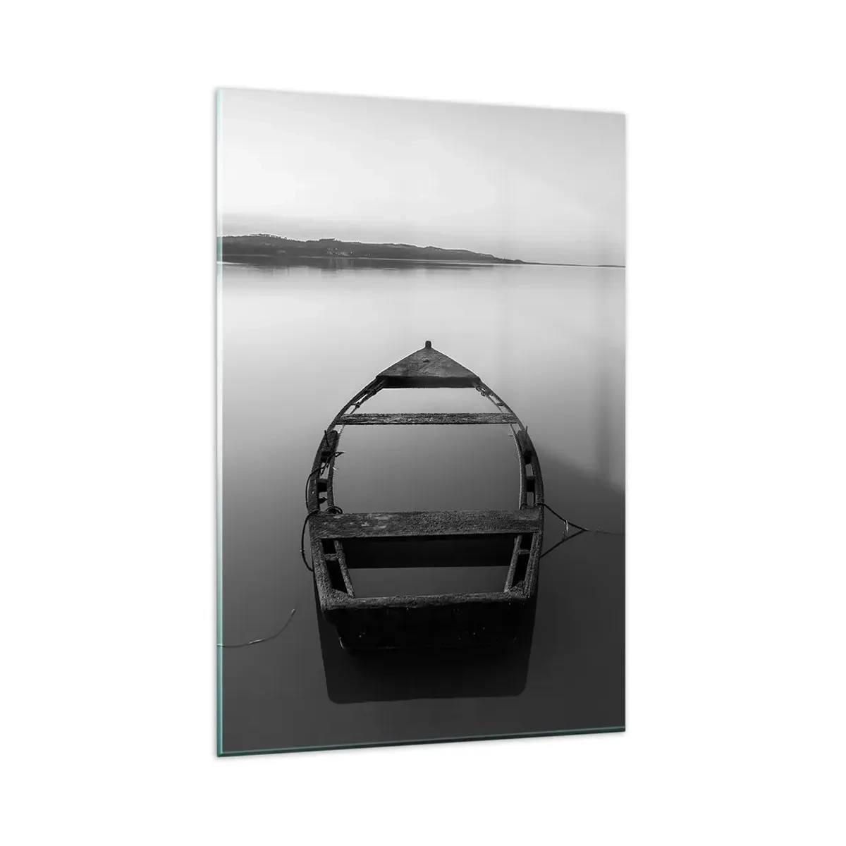Cuadro sobre vidrio - Impresiones sobre Vidrio - Un barco solitario en un lago tranquilo en tonos blanco y negro. - 80x120cm - Anhelo y melancolía - Decoración de pared moderna para salón y dormitorio ARTTOR