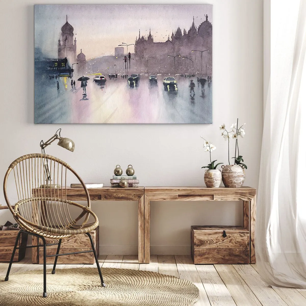 Cuadro sobre lienzo - Impresión de Imagen - Una calle de la ciudad al anochecer en estilo acuarela. - 70x50cm - En una niebla lluviosa - Decoración de pared moderna para salón y dormitorio ARTTOR