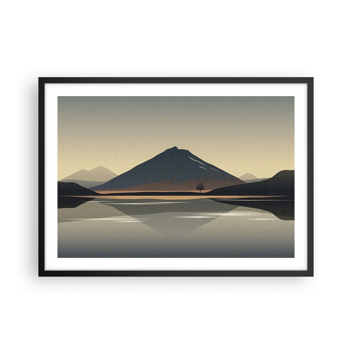 Póster en marco negro - Paisaje de montaña minimalista con reflejo en el agua. - 70x50cm - Reflejo de espejo - Decoración de pared moderna para salón y dormitorio ARTTOR