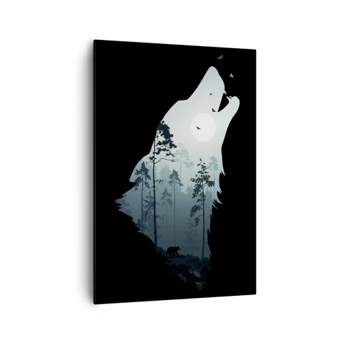Cuadro sobre lienzo - Impresión de Imagen - Silueta de un lobo con un bosque y la luna al fondo - 70x100cm - Voz de la noche del bosque - Decoración de pared moderna para salón y dormitorio ARTTOR