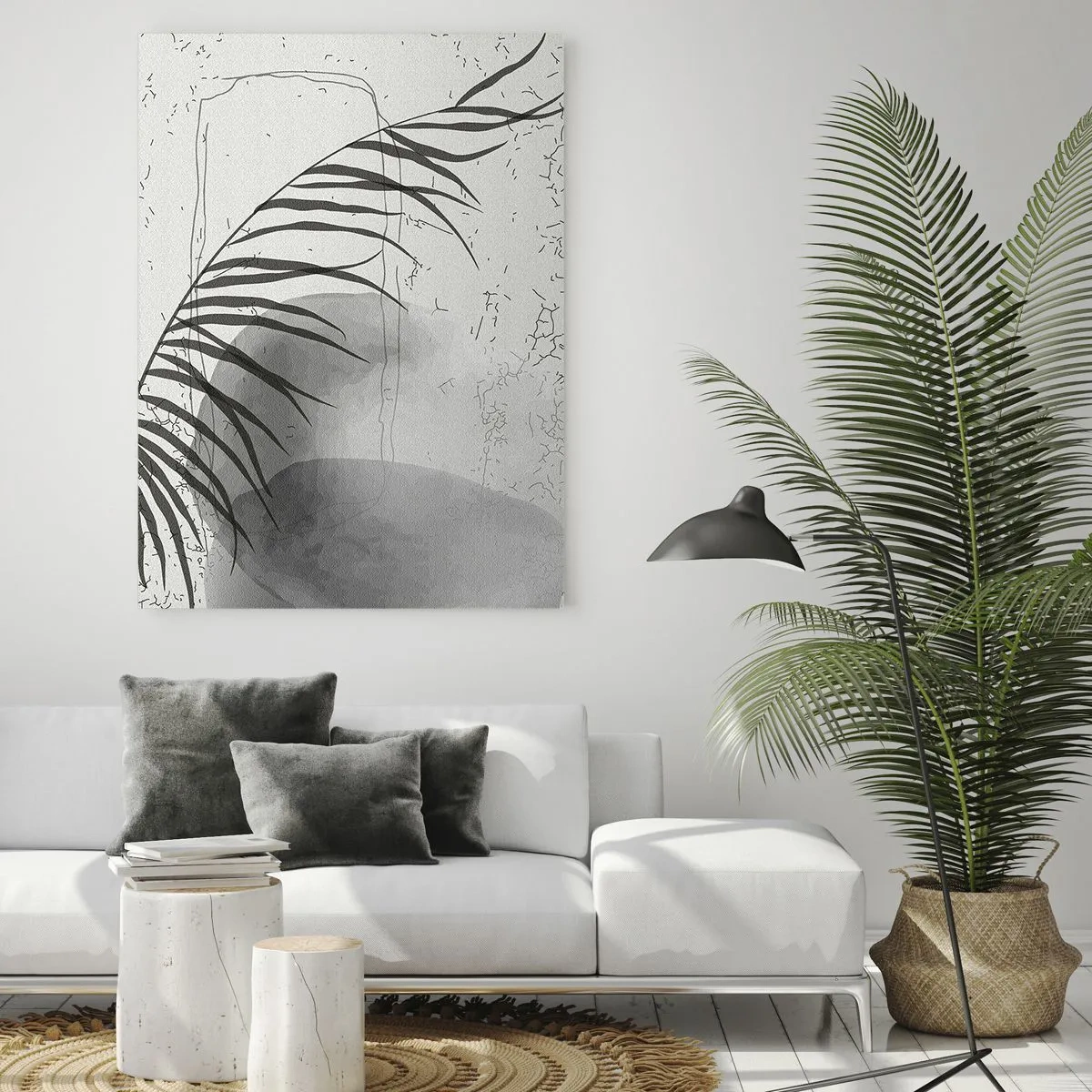 Cuadro sobre vidrio - Impresiones sobre Vidrio - Un delicado motivo de hojas de palma sobre un fondo claro en estilo escandinavo. - 80x120cm - El sutil exotismo de la naturaleza - Decoración de pared moderna para salón y dormitorio ARTTOR