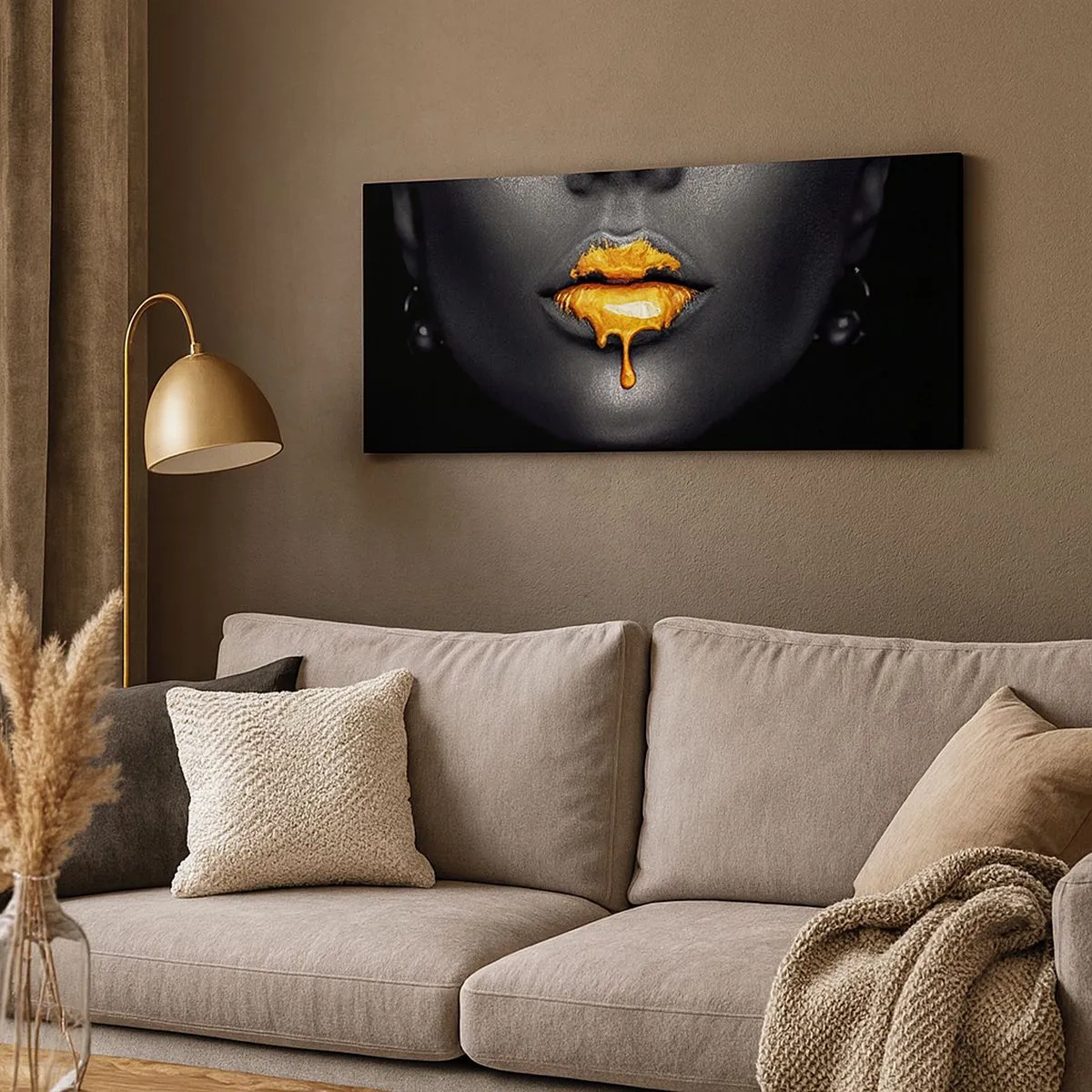 Cuadro sobre lienzo - Impresión de Imagen - Labios de oro - 100x40 cm