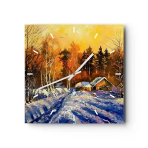 Reloj de pared - Reloj de vidrio - Paisaje invernal con una casa a la luz del sol poniente. - 30x30cm - Una impresión invernal al sol - Decoración de pared moderna para salón y dormitorio ARTTOR