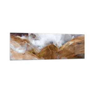 Cuadro sobre vidrio - Impresiones sobre Vidrio - Un paisaje de montaña con vapor en un clima duro. - 160x50cm - La dura belleza de Islandia - Decoración de pared moderna para salón y dormitorio ARTTOR
