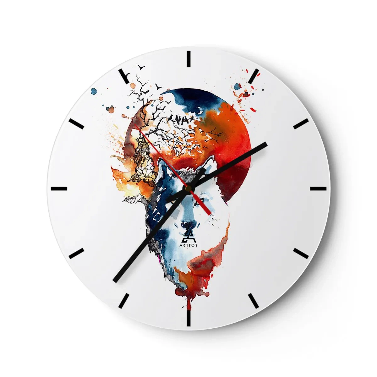 Reloj de pared - Reloj de vidrio - Obra de acuarela de un lobo con un sol poniente al fondo. - 30x30cm - El acecho nocturno - Decoración de pared moderna para salón, cocina y dormitorio ARTTOR