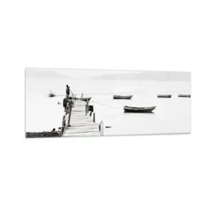 Cuadro sobre vidrio - Impresiones sobre Vidrio - Muelle de madera y barcos en aguas tranquilas - 140x50cm - Junto al agua tranquila y clara - Decoración de pared moderna para salón y dormitorio ARTTOR