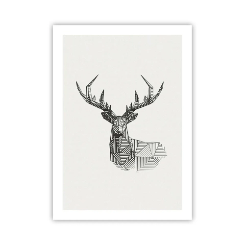 Póster - Silueta geométrica de un ciervo en estilo blanco y negro. - 50x70cm - Ciervo en estilo cubista - Decoración de pared moderna para salón y dormitorio ARTTOR