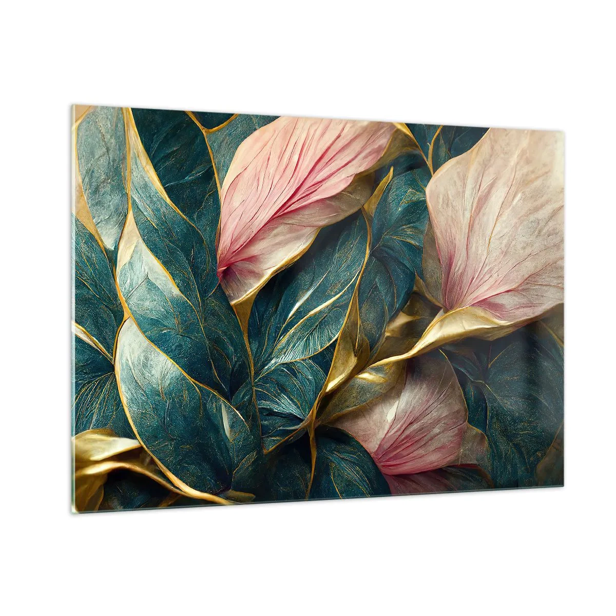 Cuadro sobre vidrio - Impresiones sobre Vidrio - Hojas verdes y rosas con acentos dorados. - 100x70cm - Elegancia y estilo naturales - Decoración de pared moderna para salón y dormitorio ARTTOR