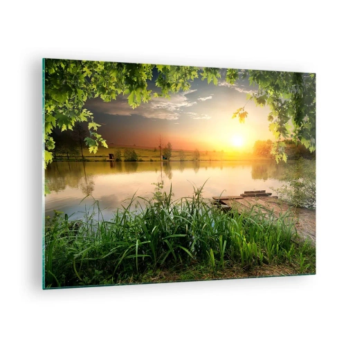 Cuadro sobre vidrio - Impresiones sobre Vidrio - Paisaje con un lago rodeado de vegetación al atardecer - 70x50cm - Paisaje en un marco verde - Decoración de pared moderna para salón y dormitorio ARTTOR