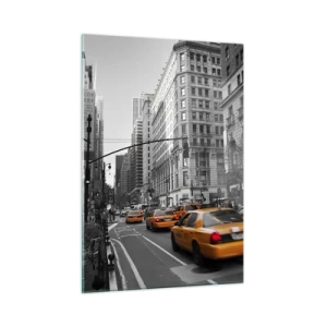 Cuadro sobre vidrio - Impresiones sobre Vidrio - Taxis amarillos en las calles de la ciudad en un entorno en blanco y negro - 50x70cm - Los soles de la gran ciudad - Decoración de pared moderna para salón y dormitorio ARTTOR