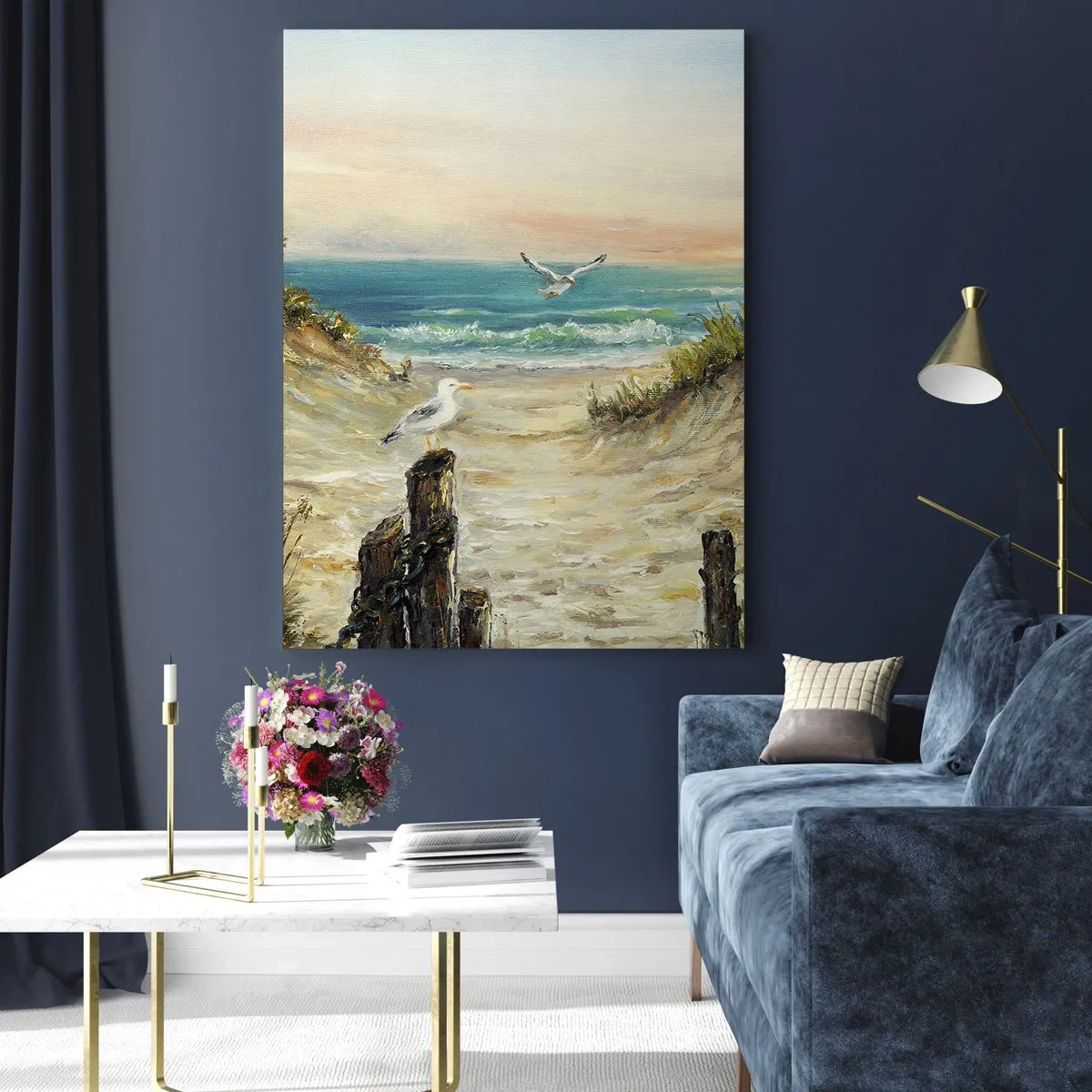 Cuadro sobre vidrio - Impresiones sobre Vidrio - Costa con gaviotas y dunas al atardecer - 80x120cm - Un retiro ventoso - Decoración de pared moderna para salón y dormitorio ARTTOR