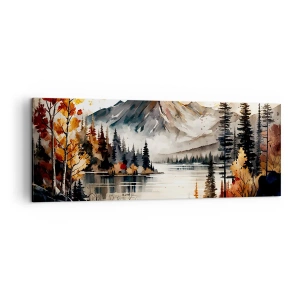Cuadro sobre lienzo - Impresión de Imagen - Paisaje otoñal de montaña con lago y árboles en acuarela - 140x50cm - Otoño dorado en las montañas - Decoración de pared moderna para salón y dormitorio ARTTOR