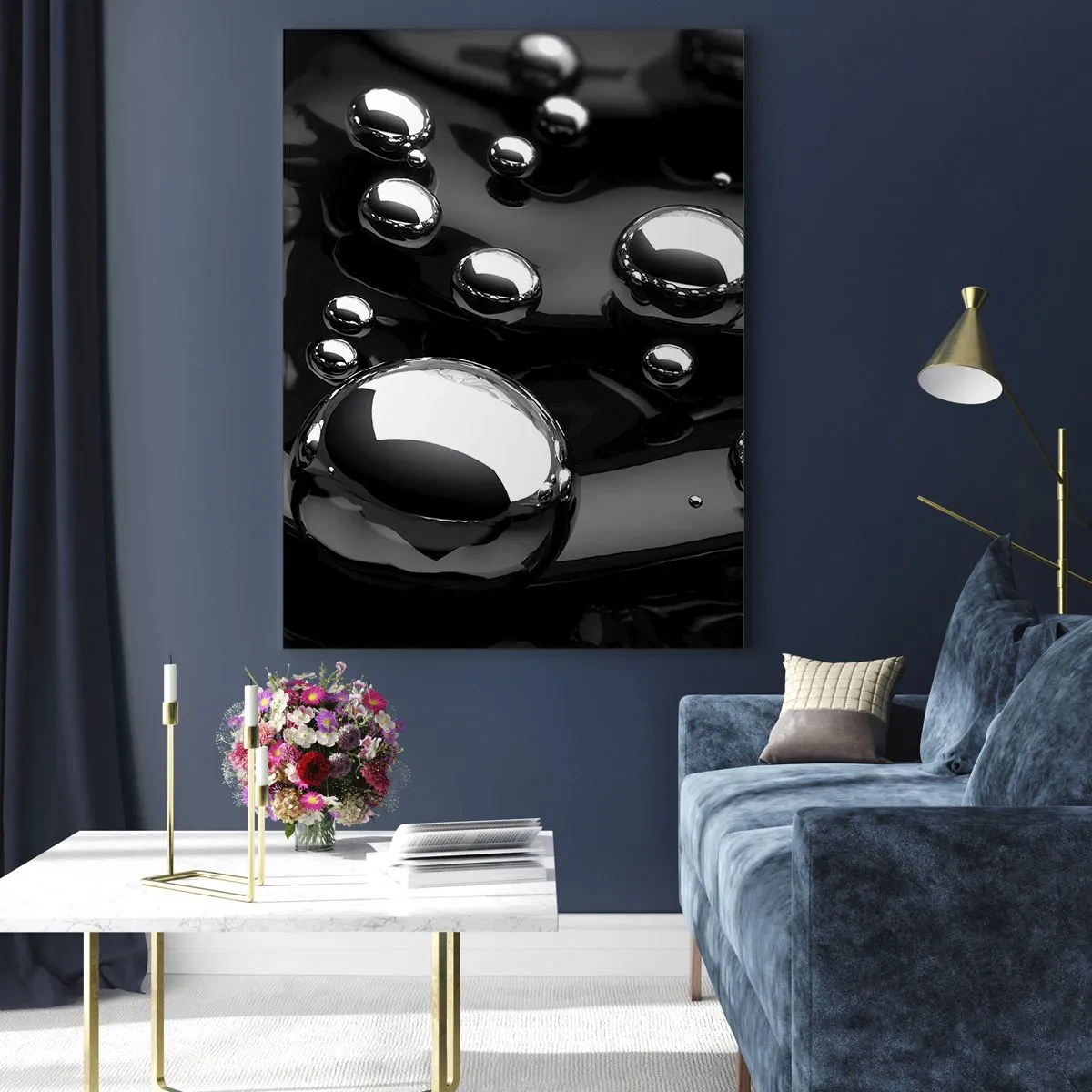 Cuadro sobre vidrio - Impresiones sobre Vidrio - Gotas metálicas sobre una superficie negra - 50x70cm - De las negras profundidades - Decoración de pared moderna para salón y dormitorio ARTTOR