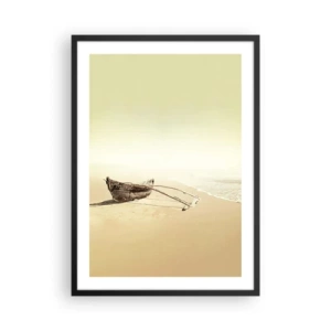Póster en marco negro - Un barco de madera solitario en una playa vacía en colores pastel. - 50x70cm - Un recuerdo de los mares del sur - Decoración de pared moderna para salón y dormitorio ARTTOR