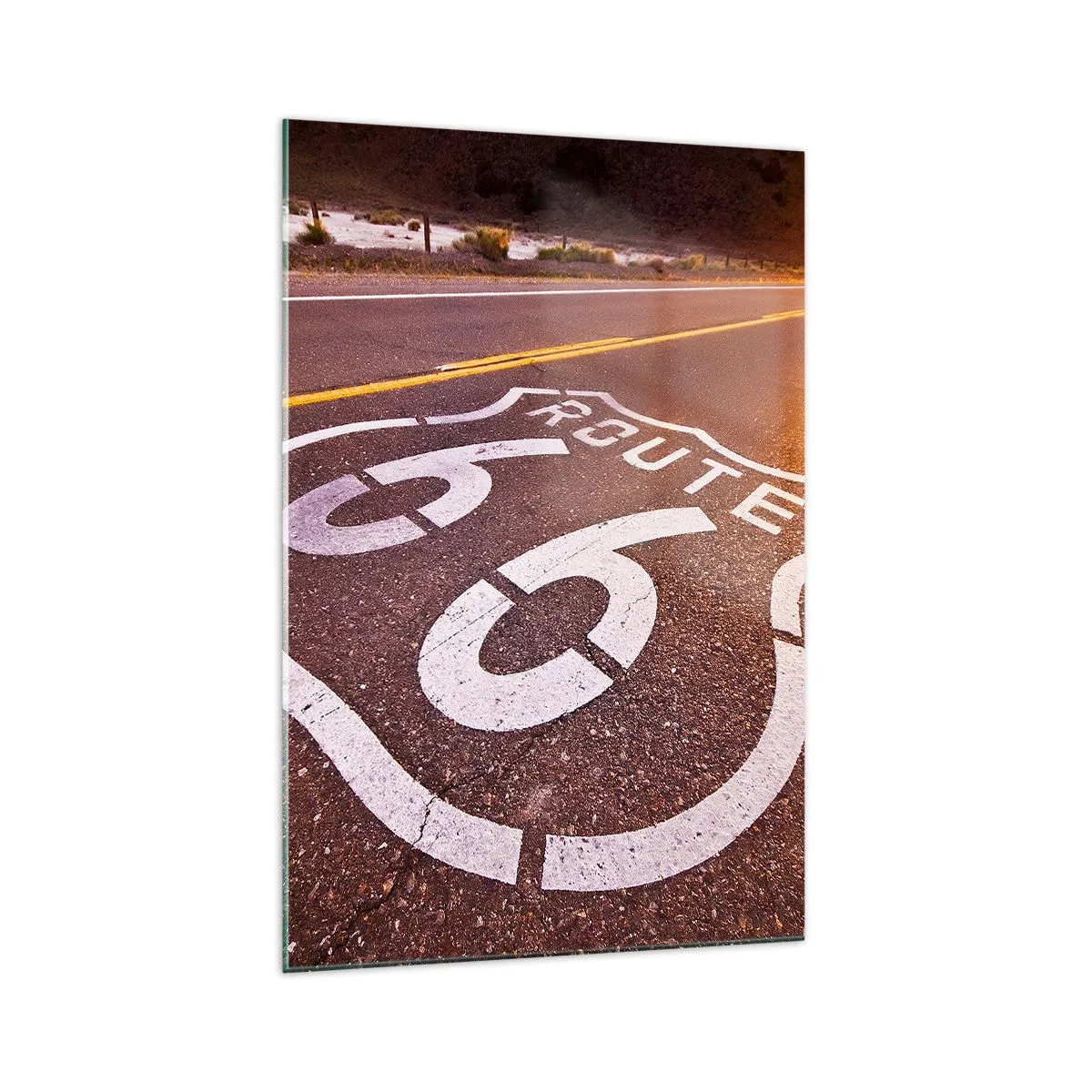 Cuadro sobre vidrio - Impresiones sobre Vidrio - Ruta 66 al atardecer - 70x100cm - La famosa Ruta 66 - Decoración de pared moderna para salón y dormitorio ARTTOR