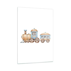 Cuadro sobre vidrio - Impresiones sobre Vidrio - Ilustración de un tren de vapor en tonos azules y beige sobre un fondo blanco. - 50x70cm - De pie en la estación... - Decoración de pared moderna para salón y dormitorio ARTTOR