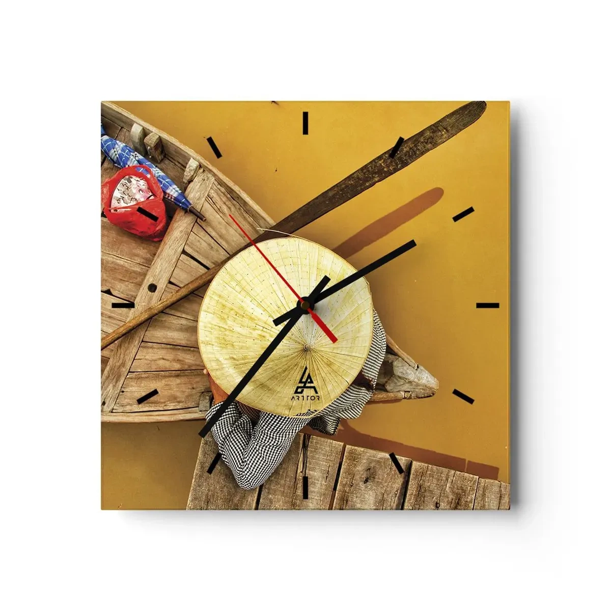 Reloj de pared - Reloj de vidrio - Un barco tradicional visto a vista de pájaro - 30x30cm - La vida en el río amarillo - Decoración de pared moderna para salón y dormitorio ARTTOR
