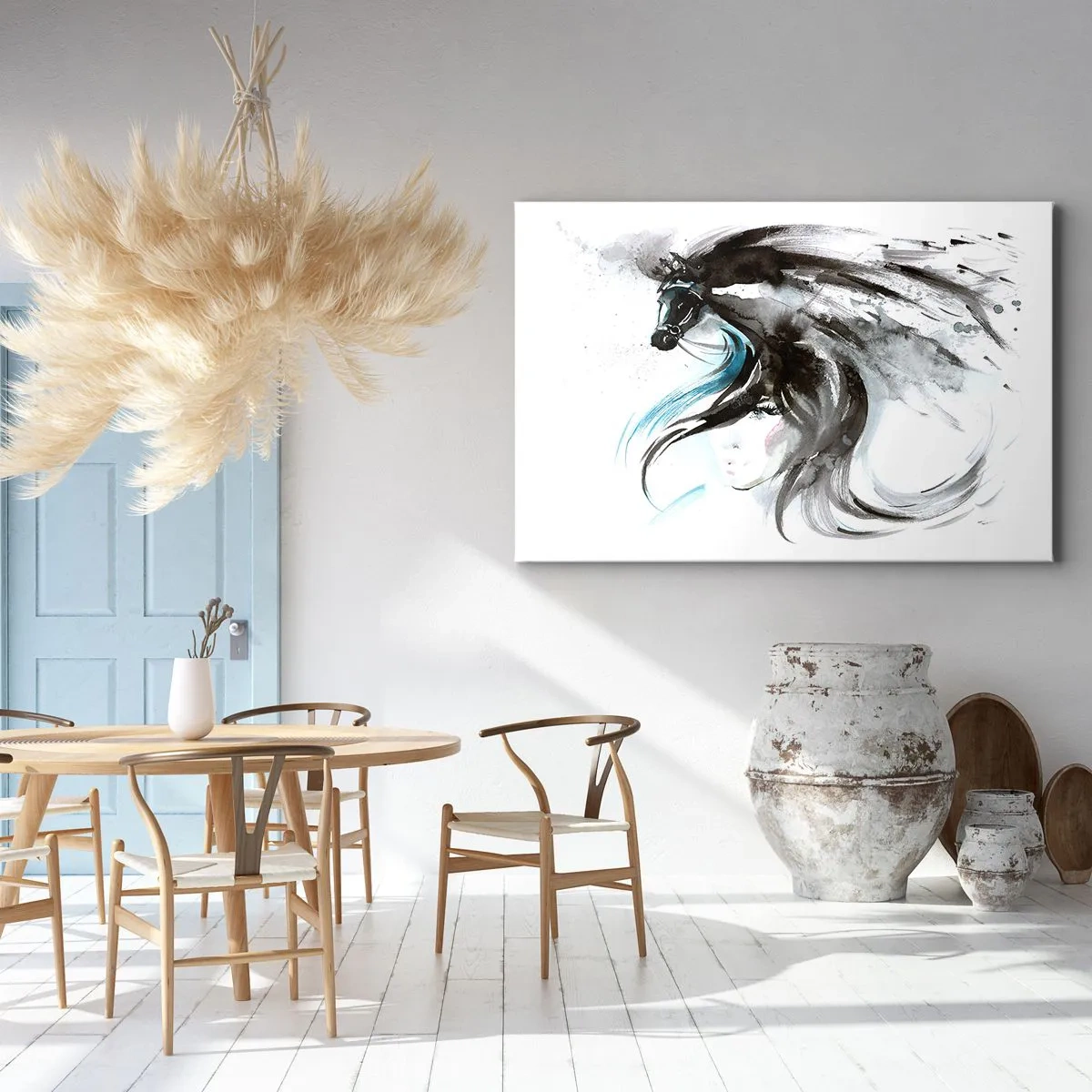 Cuadro sobre lienzo - Impresión de Imagen - Una mujer y un caballo en una acuarela mística llena de dinámica. - 70x50cm - El galope del Príncipe Negro - Decoración de pared moderna para salón y dormitorio ARTTOR