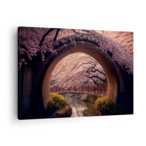 Cuadro sobre lienzo - Impresión de Imagen - Un puente tradicional japonés rodeado de flores de cerezo. - 70x50cm - Primavera japonesa - Decoración de pared moderna para salón y dormitorio ARTTOR