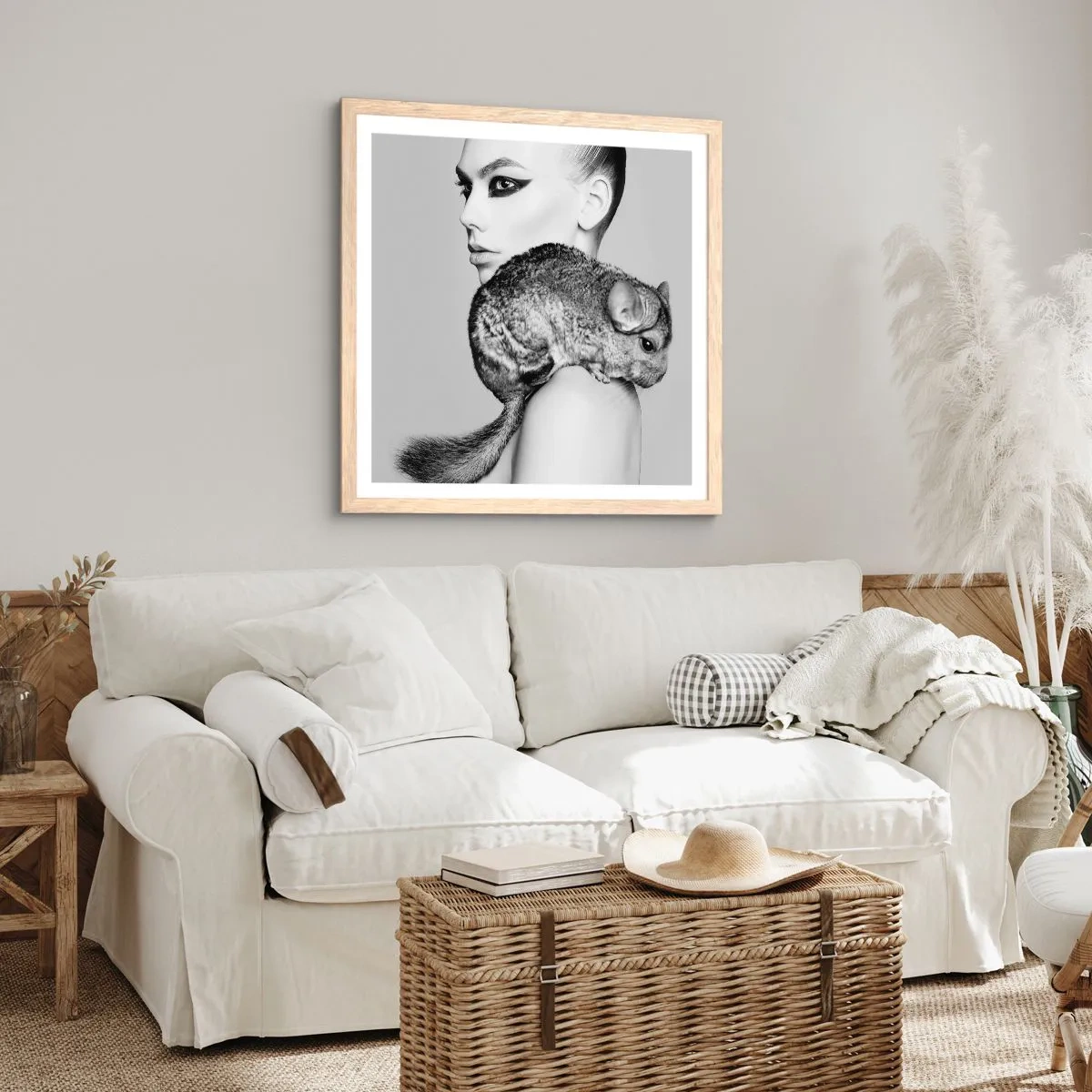 Póster en marco roble claro - Dama con chinchilla - 40x40 cm