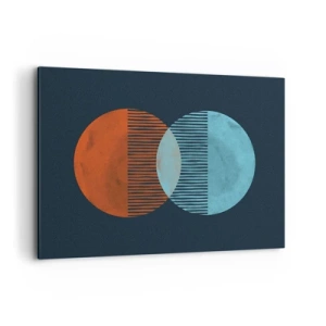 Cuadro sobre lienzo - Impresión de Imagen - Dos círculos naranjas y azules sobre un fondo oscuro. - 100x70cm - Fantasía astronómica - Decoración de pared moderna para salón y dormitorio ARTTOR