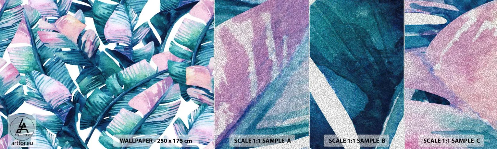 Muestra de fotomural Premium Sand - En una plantación de plátanos - Abstracción, Hojas, Pedazo - 100x30 cm