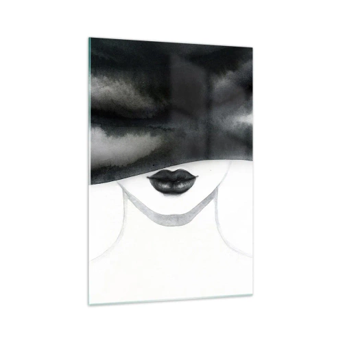 Cuadro sobre vidrio - Impresiones sobre Vidrio - Un retrato sutil de una mujer con el rostro cubierto en un estilo monocromático. - 70x100cm - Un misterio sensual - Decoración de pared moderna para salón y dormitorio ARTTOR