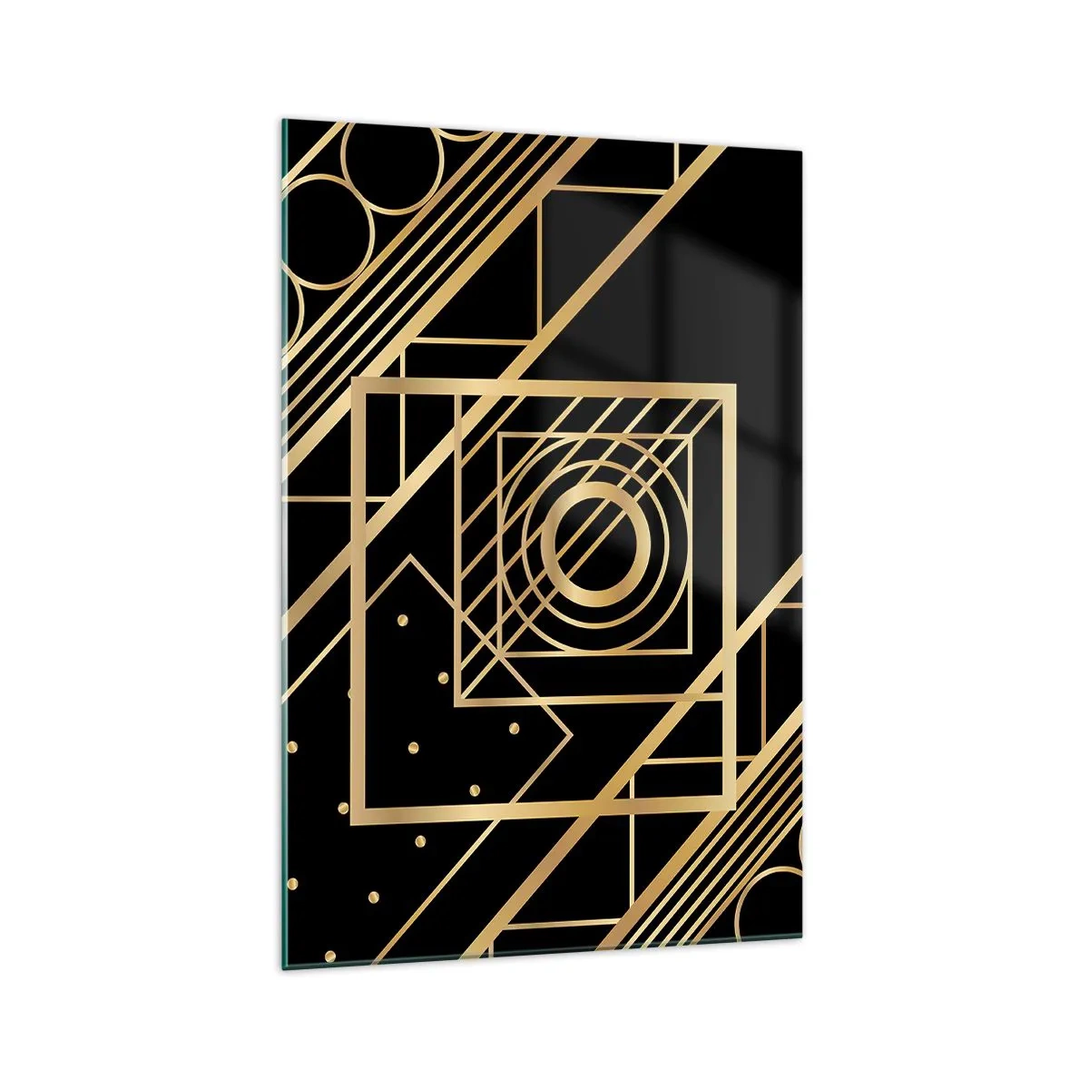 Cuadro sobre vidrio - Impresiones sobre Vidrio - Patrones geométricos dorados sobre un fondo negro - 70x100cm - Geometría dorada - Decoración de pared moderna para salón y dormitorio ARTTOR