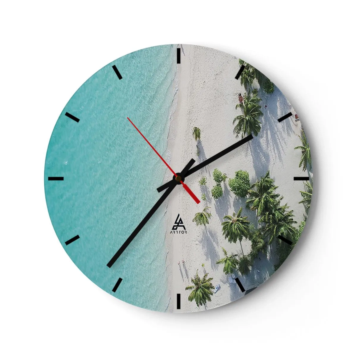 Reloj de pared - Reloj de vidrio - Vista superior de la playa con agua turquesa y palmeras. - 30x30cm - Vacaciones en el paraíso - Decoración de pared moderna para salón, cocina y dormitorio ARTTOR
