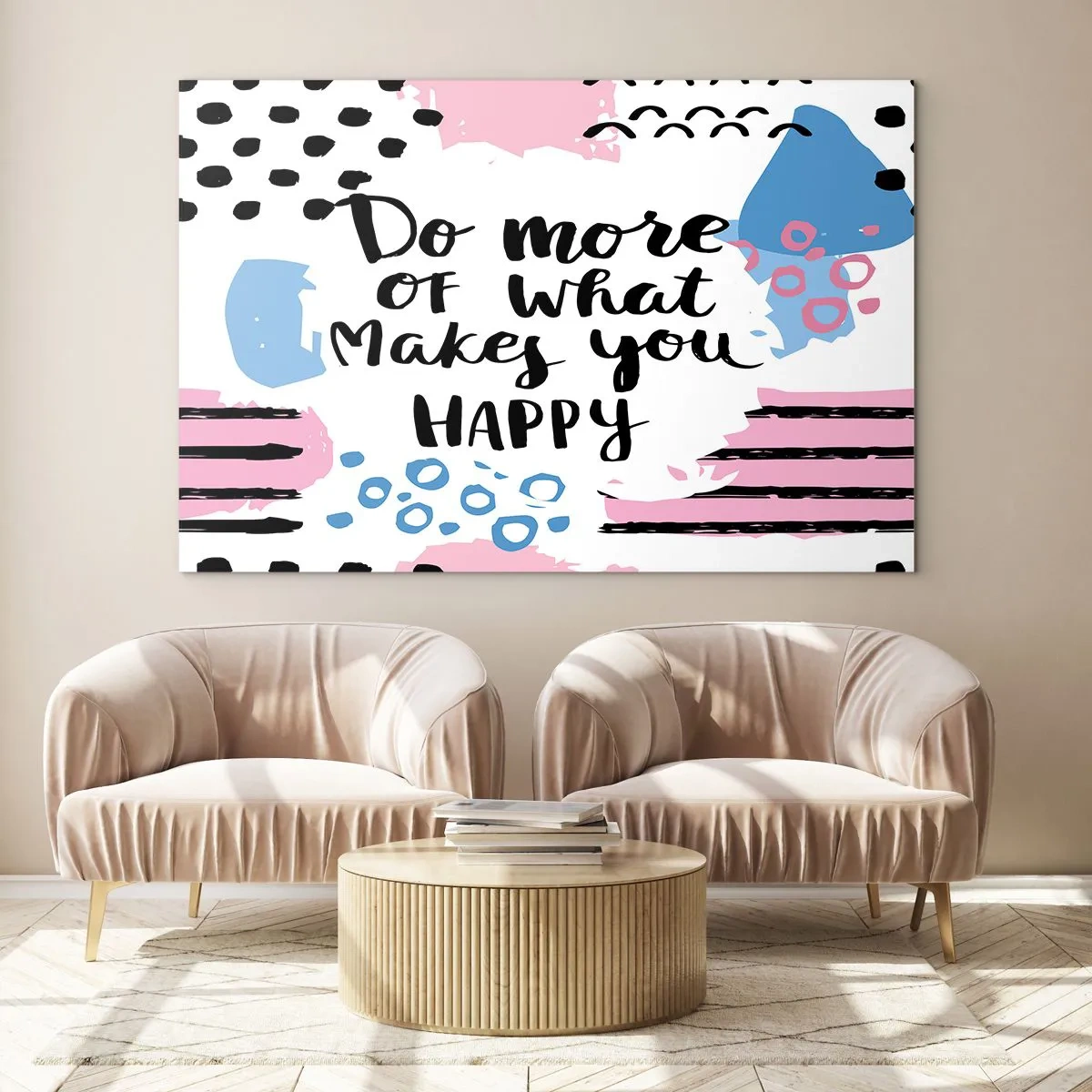 Cuadro sobre vidrio - Impresiones sobre Vidrio - Una inscripción inspiradora sobre un fondo de color pastel. - 120x80cm - Cómo ser feliz - Decoración de pared moderna para salón y dormitorio ARTTOR