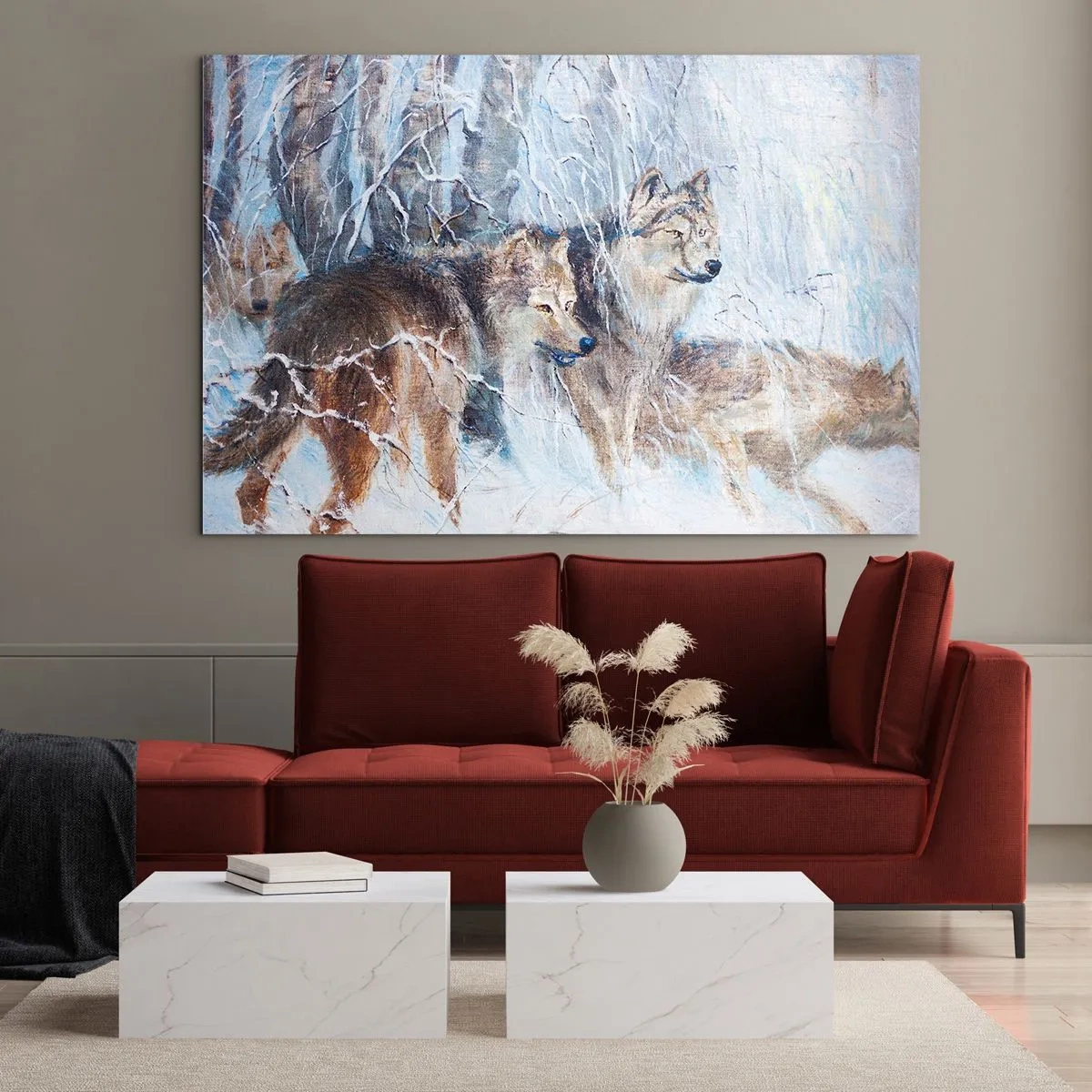 Cuadro sobre vidrio - Impresiones sobre Vidrio - Tres lobos en un bosque invernal rodeado de nieve. - 120x80cm - ¡Cuidado! Aquí viene... - Decoración de pared moderna para salón y dormitorio ARTTOR