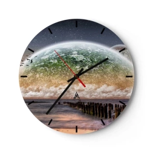 Reloj de pared - Reloj de vidrio - Paisaje con un globo terráqueo y un mar en calma - 30x30cm - Y el mundo emergió del agua - Decoración de pared moderna para salón, cocina y dormitorio ARTTOR