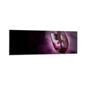 Cuadro sobre vidrio - Impresiones sobre Vidrio - Vino tinto vertido en una copa sobre un fondo de humo púrpura. - 160x50cm - ¿Escarlata? ¿Carmín? No, rubí. - Decoración de pared moderna para salón y dormitorio ARTTOR