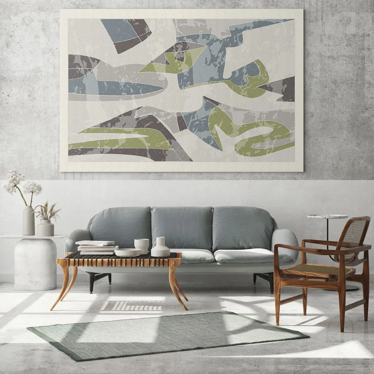 Cuadro sobre vidrio - Impresiones sobre Vidrio - Composición geométrica en verde y gris. - 120x80cm - Composición tras vidriera - Decoración de pared moderna para salón y dormitorio ARTTOR