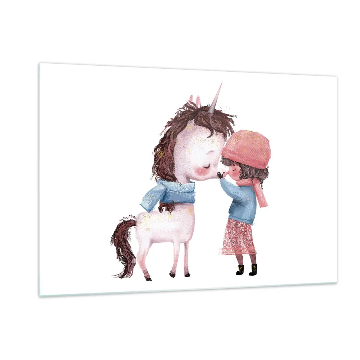 Cuadro sobre vidrio - Impresiones sobre Vidrio - Una niña y un unicornio en un paisaje invernal. - 120x80cm - Un cuento de invierno - Decoración de pared moderna para salón y dormitorio ARTTOR