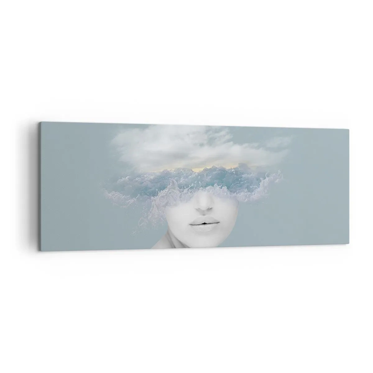 Cuadro sobre lienzo - Impresión de Imagen - Retrato de una mujer con el rostro oculto tras nubes y olas. - 140x50cm - Con la cabeza en las nubes - Decoración de pared moderna para salón y dormitorio ARTTOR
