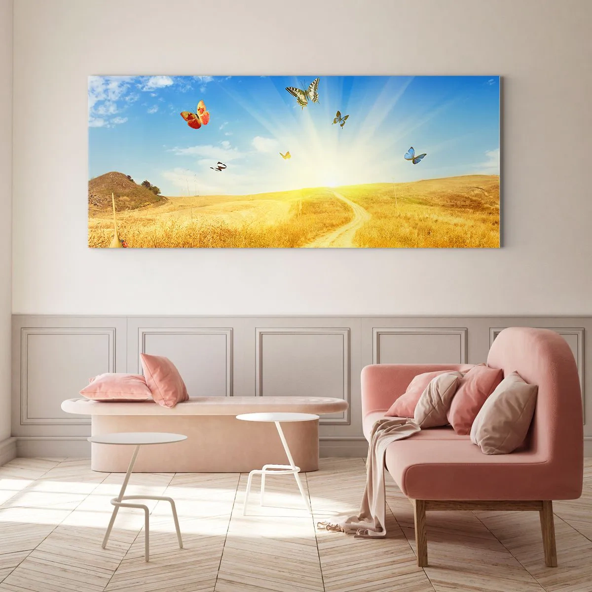 Cuadro sobre vidrio - Impresiones sobre Vidrio - Un campo dorado, un camino y mariposas contra un cielo azul. - 160x50cm - ¿Cómo no amar el verano? - Decoración de pared moderna para salón y dormitorio ARTTOR
