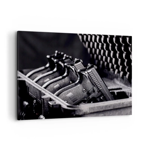 Cuadro sobre lienzo - Impresión de Imagen - Una imagen en blanco y negro de una pila de armas en una maleta. - 120x80cm - ¡Fuego! - Decoración de pared moderna para salón y dormitorio ARTTOR