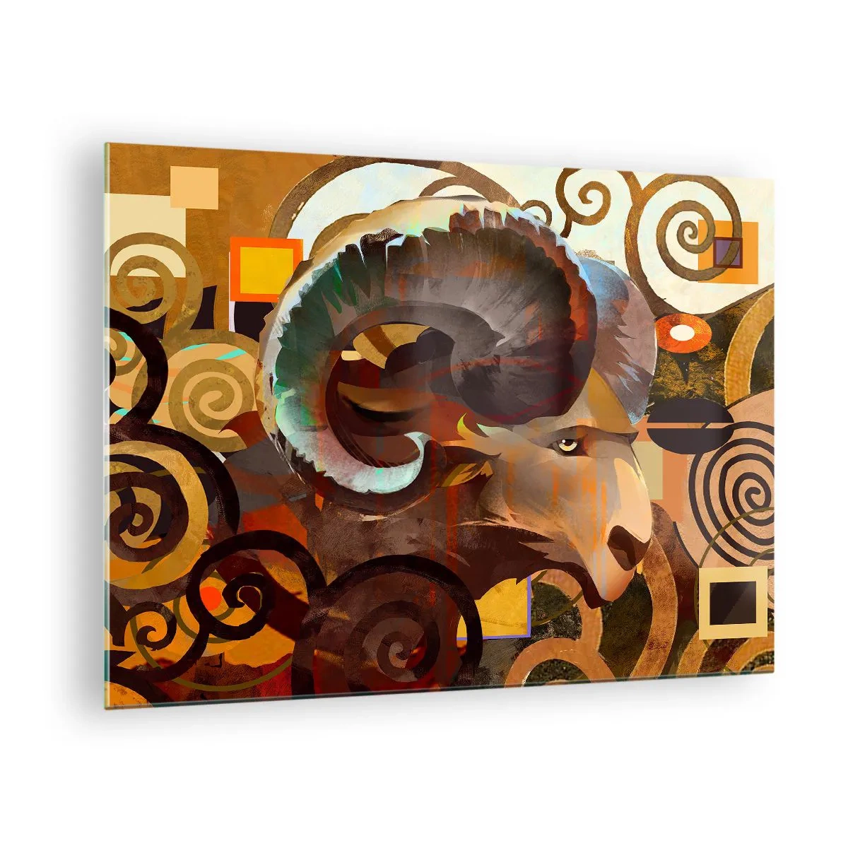 Cuadro sobre vidrio - Impresiones sobre Vidrio - Una imagen artística de un carnero en una composición geométrica y espiral. - 70x50cm - Magia - religiones - rituales - Decoración de pared moderna para salón y dormitorio ARTTOR