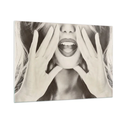 Cuadro sobre vidrio - Impresiones sobre Vidrio - Una mujer con lápiz labial en los labios y las manos en la cara. - 100x70cm - ¡Ya estoy en camino! - Decoración de pared moderna para salón y dormitorio ARTTOR